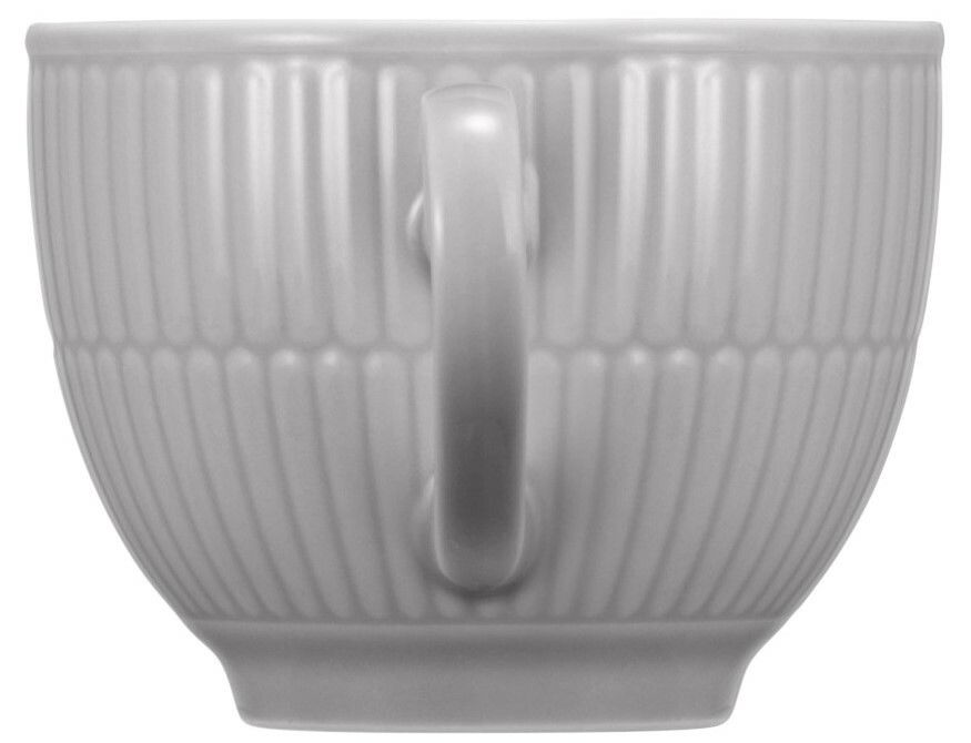Graue Kaffeeobertasse mit geriffeltem Design, Seitenansicht mit Henkel sichtbar