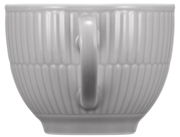 Graue Kaffeeobertasse mit geriffeltem Design, Seitenansicht mit Henkel sichtbar