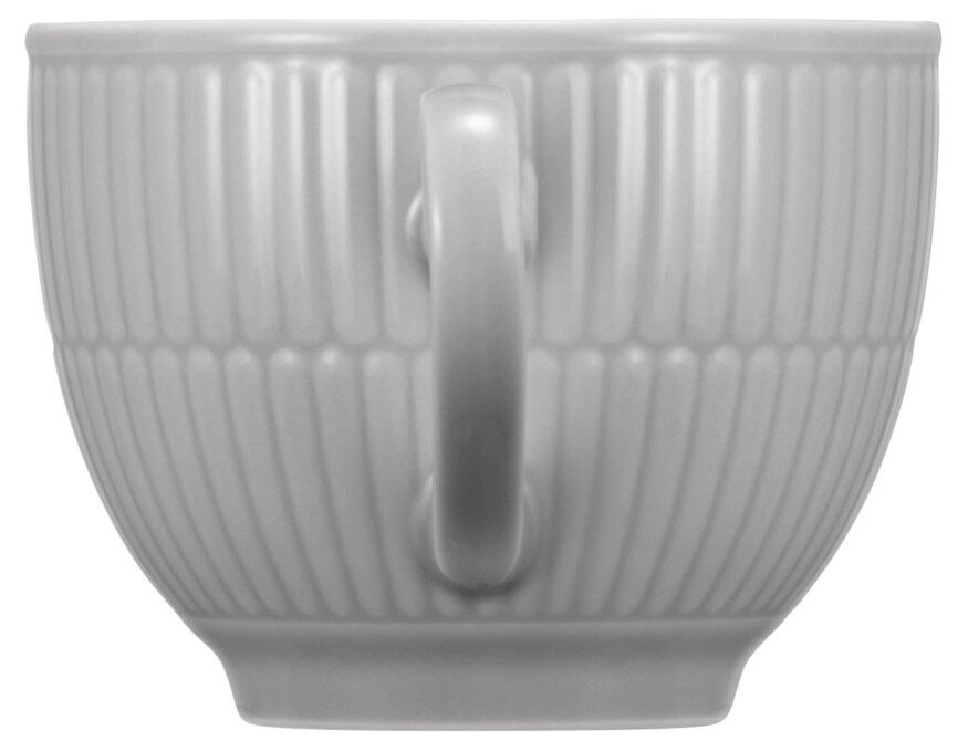 Graue Kaffeeobertasse mit geriffeltem Design, Seitenansicht mit Henkel sichtbar