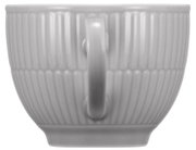 Graue Kaffeeobertasse mit geriffeltem Design, Seitenansicht mit Henkel sichtbar