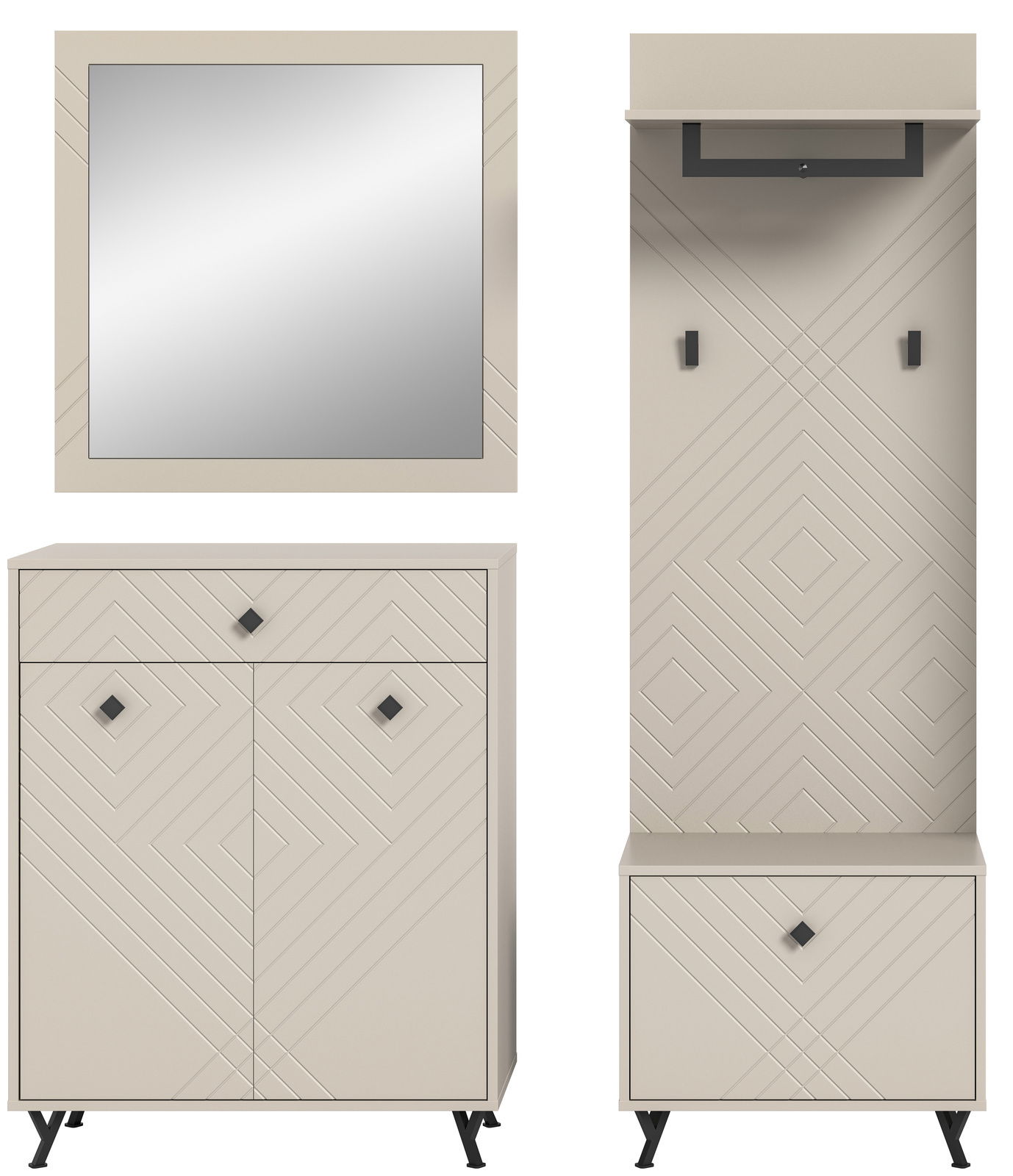 Garderobenkombination in modernem Design mit geometrischen Mustern, bestehend aus einem Spiegel, einem Schrank mit Schubladen und einem hohen Paneel mit Haken, frontal abgebildet.