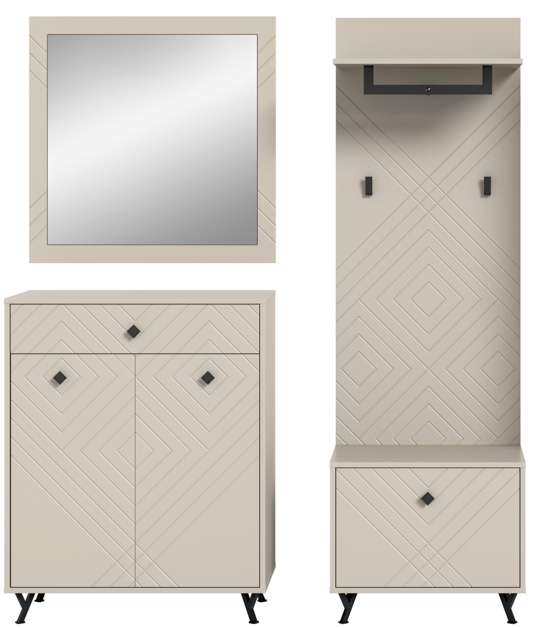 Garderobenkombination in modernem Design mit geometrischen Mustern, bestehend aus einem Spiegel, einem Schrank mit Schubladen und einem hohen Paneel mit Haken, frontal abgebildet.