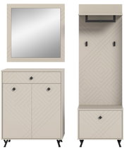 Garderobenkombination in modernem Design mit geometrischen Mustern, bestehend aus einem Spiegel, einem Schrank mit Schubladen und einem hohen Paneel mit Haken, frontal abgebildet.