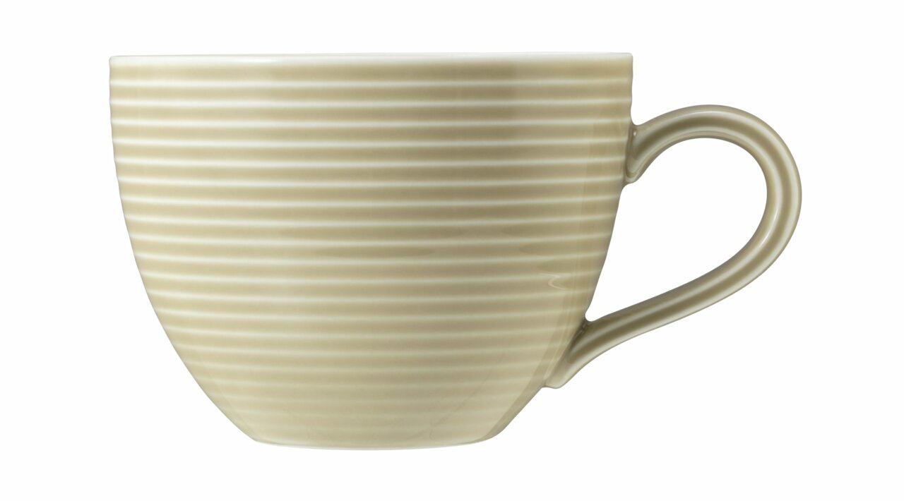 Seltmann Weiden Kaffeetasse BEAT Seitenansicht einer beige gestreiften Kaffeetasse mit Henkel, Modell Seltmann Weiden Kaffeetasse BEAT, 0,26l mit Relief.