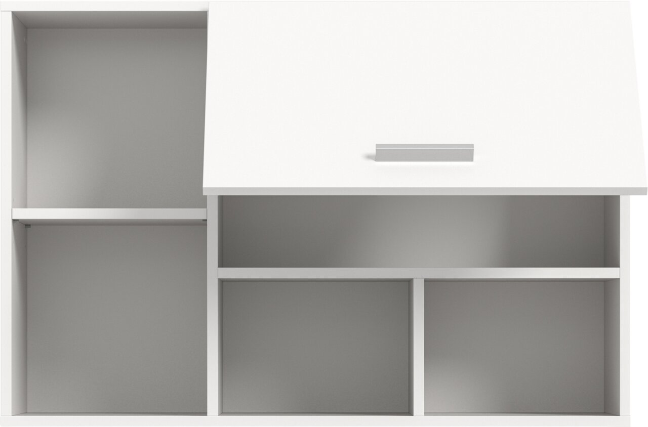 Weißes Sideboard/Schrankmöbel mit Schiebetür und offenen Fächern, Frontansicht.