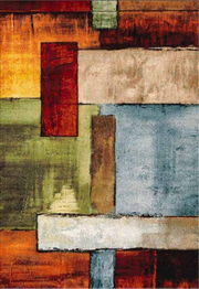 Moderner Teppich mit abstraktem geometrischem Muster in warmen Farben wie Rot, Orange, Grün und Blau. Draufsicht auf das Design.