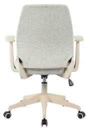 Rückansicht eines ergonomischen Bürostuhls mit hellgrau meliertem Stoffbezug, beigen Armlehnen und beigem Drehkreuz mit Rollen auf weißem Hintergrund