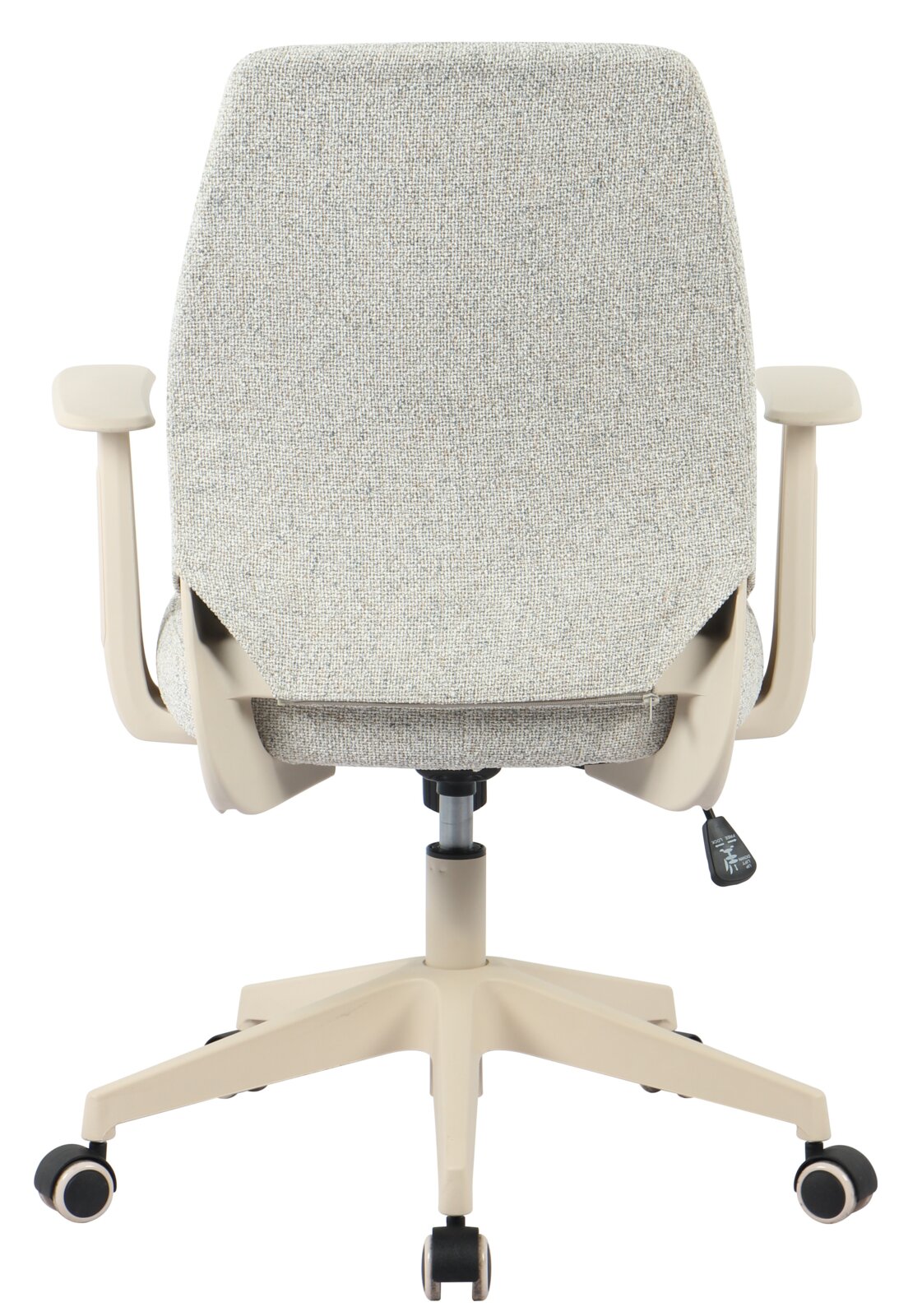 Rückansicht eines ergonomischen Bürostuhls mit hellgrau meliertem Stoffbezug, beigen Armlehnen und beigem Drehkreuz mit Rollen auf weißem Hintergrund