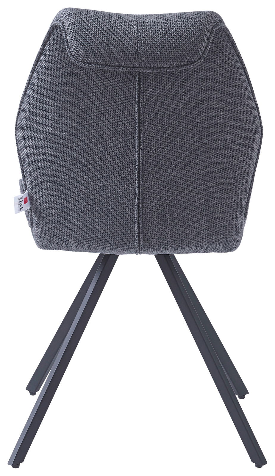 Rückansicht eines modernen Stuhls mit grauem Stoffbezug und schwarzen Metallbeinen.