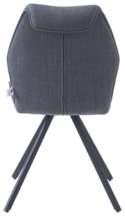 Rückansicht eines modernen Stuhls mit grauem Stoffbezug und schwarzen Metallbeinen.