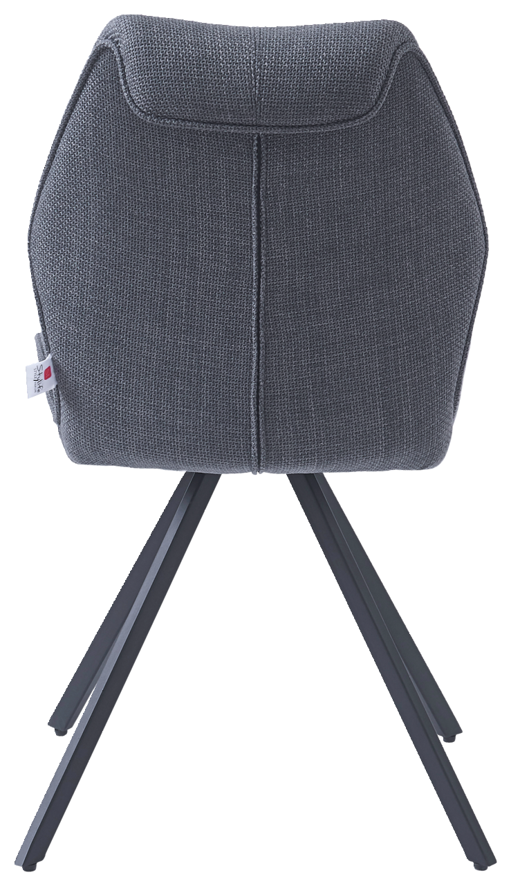 Rückansicht eines modernen Stuhls mit grauem Stoffbezug und schwarzen Metallbeinen.