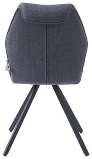 Rückansicht eines modernen Stuhls mit grauem Stoffbezug und schwarzen Metallbeinen.