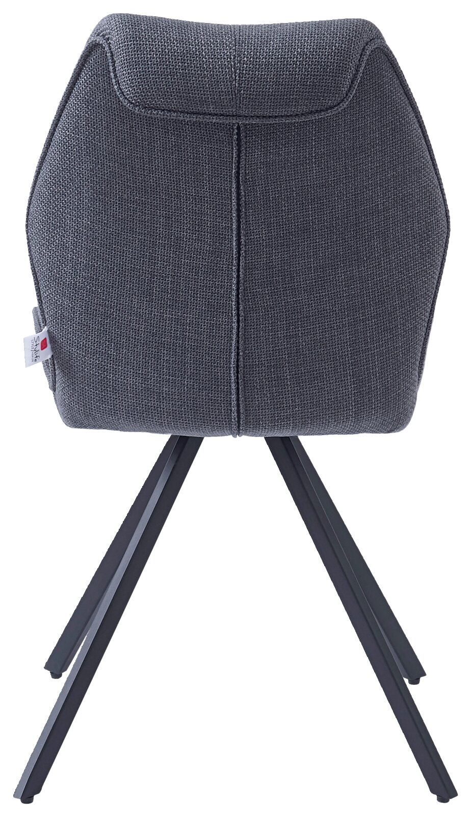 Achterkant van een moderne stoel met grijze stoffen bekleding en zwarte metalen poten.