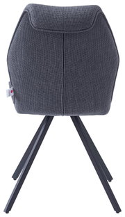 Achterkant van een moderne stoel met grijze stoffen bekleding en zwarte metalen poten.