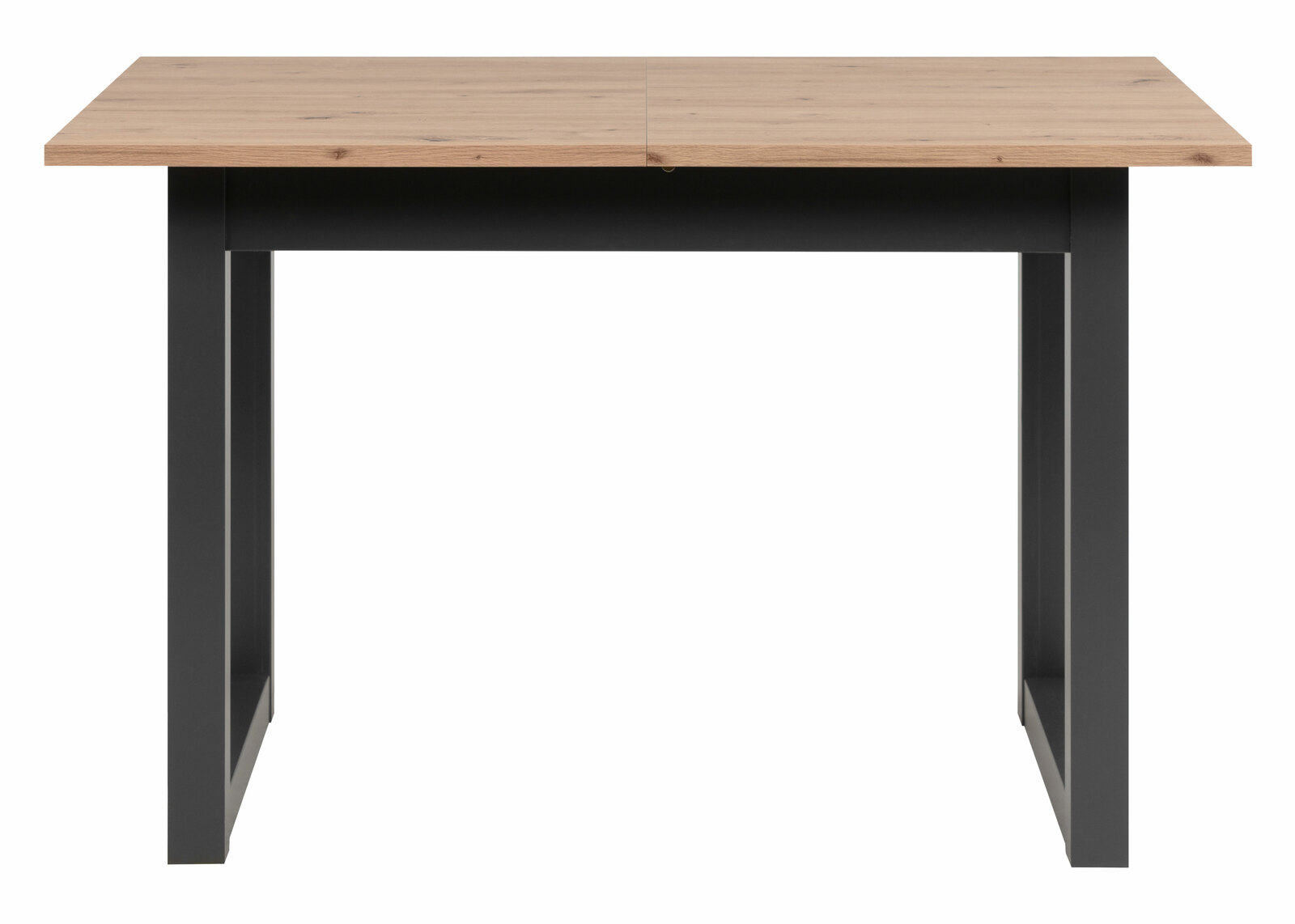 Moderner Esstisch mit Holzplatte und schwarzen Metallbeinen, Frontalansicht