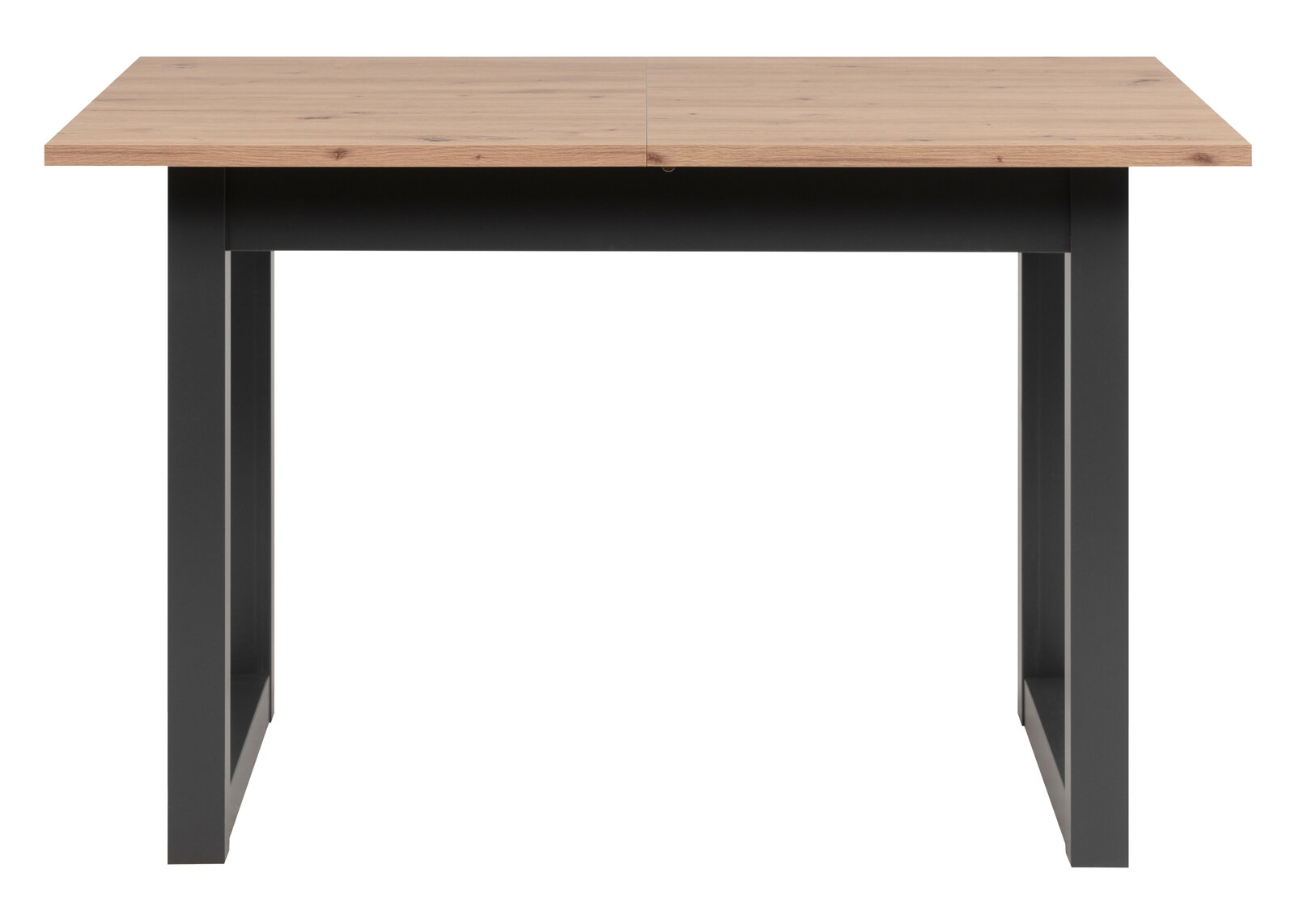 Moderner Esstisch mit Holzplatte und schwarzen Metallbeinen, Frontalansicht