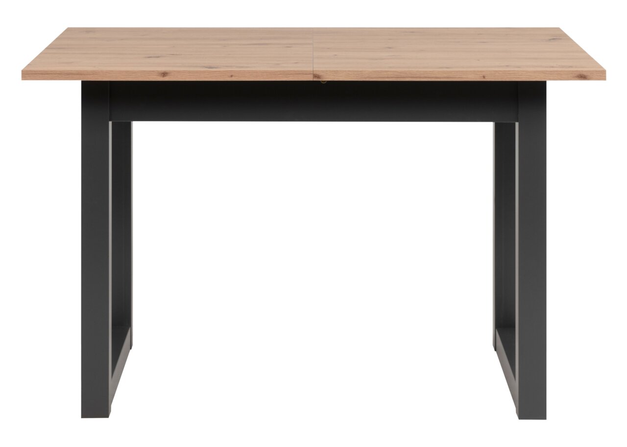 Moderne eettafel met houten blad en zwarte metalen poten, vooraanzicht
