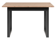 Moderne eettafel met houten blad en zwarte metalen poten, vooraanzicht