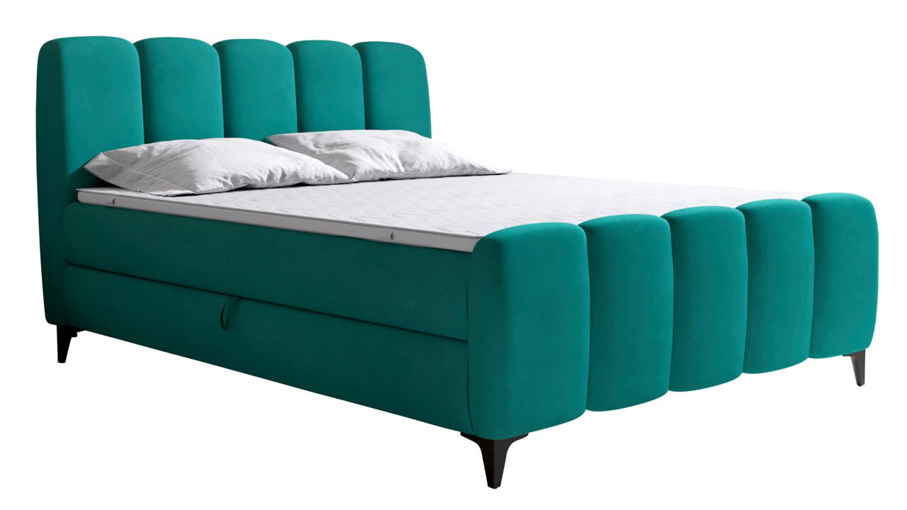 Boxbett in türkis mit gepolstertem Kopfteil und seitlicher Perspektive