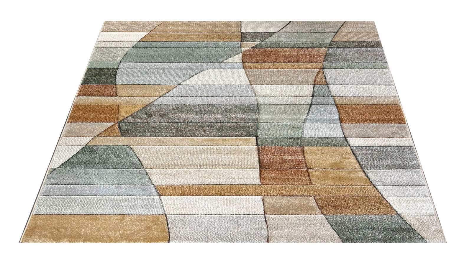 Moderner Teppich in Pastellfarben mit geometrischem Muster, aus der Vogelperspektive fotografiert.