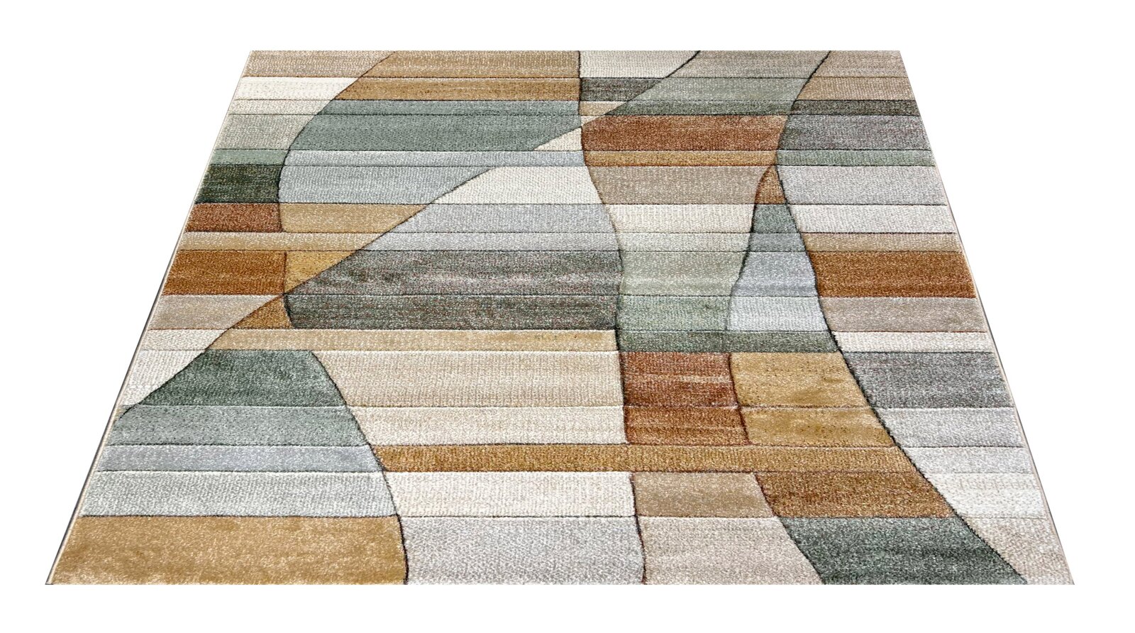 Modern tapijt in pastelkleuren met een geometrisch patroon, gefotografeerd vanuit vogelperspectief.