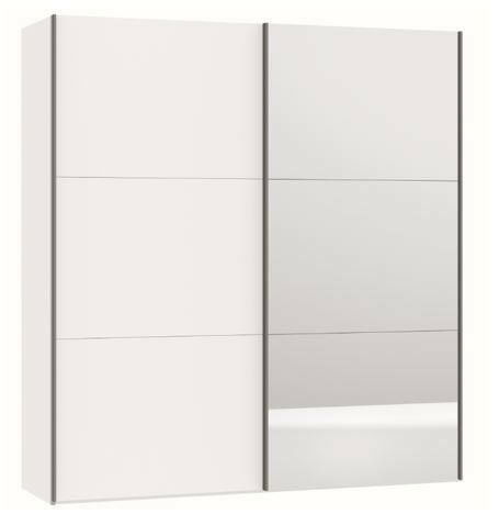 Moderner, zweiflügeliger Schwebetürenschrank in Weiß mit Spiegel, Frontalansicht