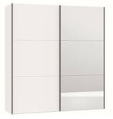 Moderner, zweiflügeliger Schwebetürenschrank in Weiß mit Spiegel, Frontalansicht