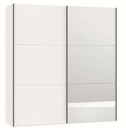 Moderner, zweiflügeliger Schwebetürenschrank in Weiß mit Spiegel, Frontalansicht