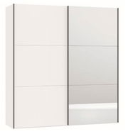 Moderner, zweiflügeliger Schwebetürenschrank in Weiß mit Spiegel, Frontalansicht