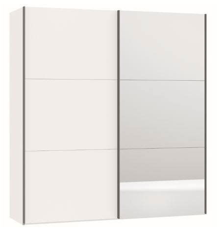 Moderner, zweiflügeliger Schwebetürenschrank in Weiß mit Spiegel, Frontalansicht