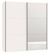 Moderner, zweiflügeliger Schwebetürenschrank in Weiß mit Spiegel, Frontalansicht