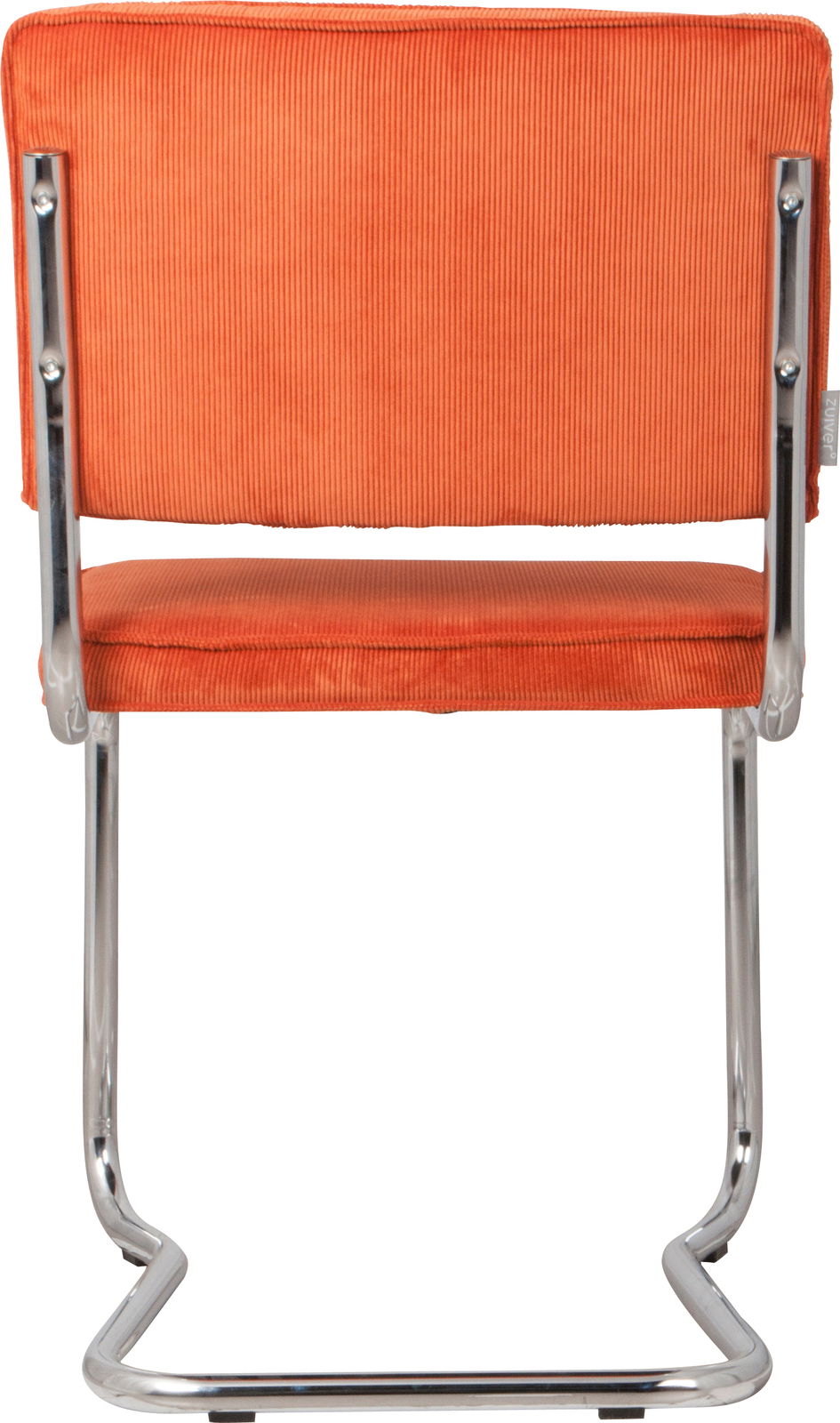 Rückansicht eines orangefarbenen Stuhls mit Metallgestell und geripptem Stoffbezug.