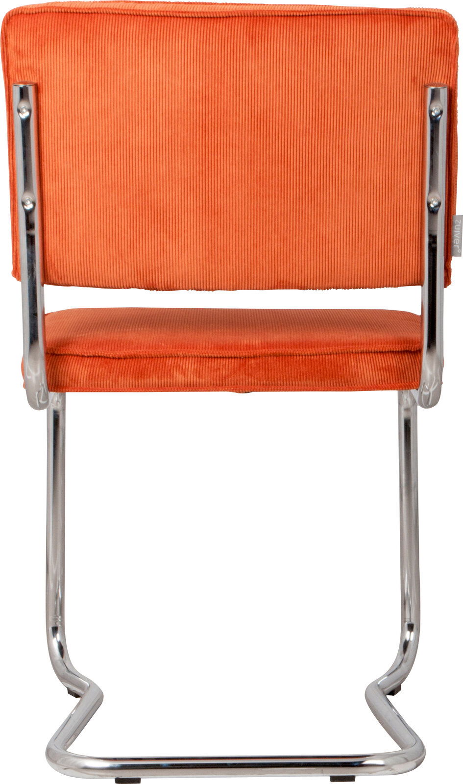 Rückansicht eines orangefarbenen Stuhls mit Metallgestell und geripptem Stoffbezug.