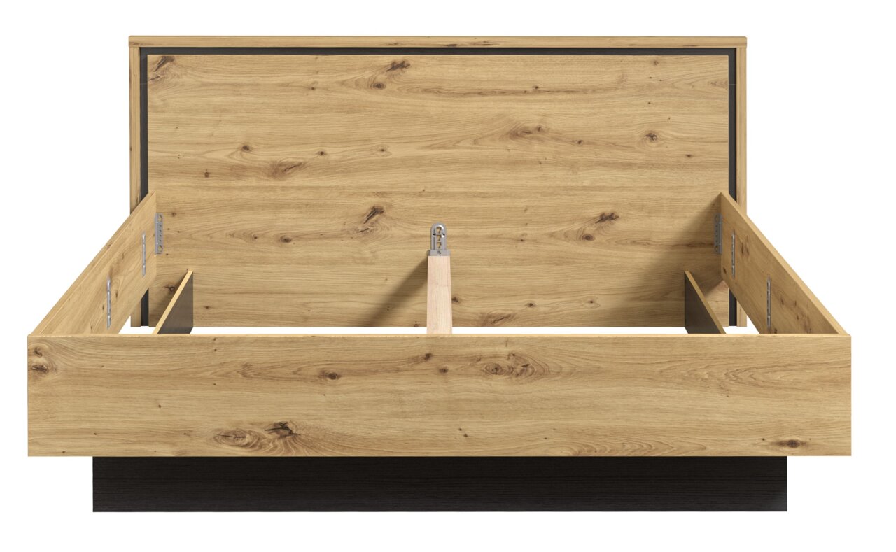 Frontansicht eines Doppelbetts aus Holz mit natürlicher Maserung und dunklem Sockel.