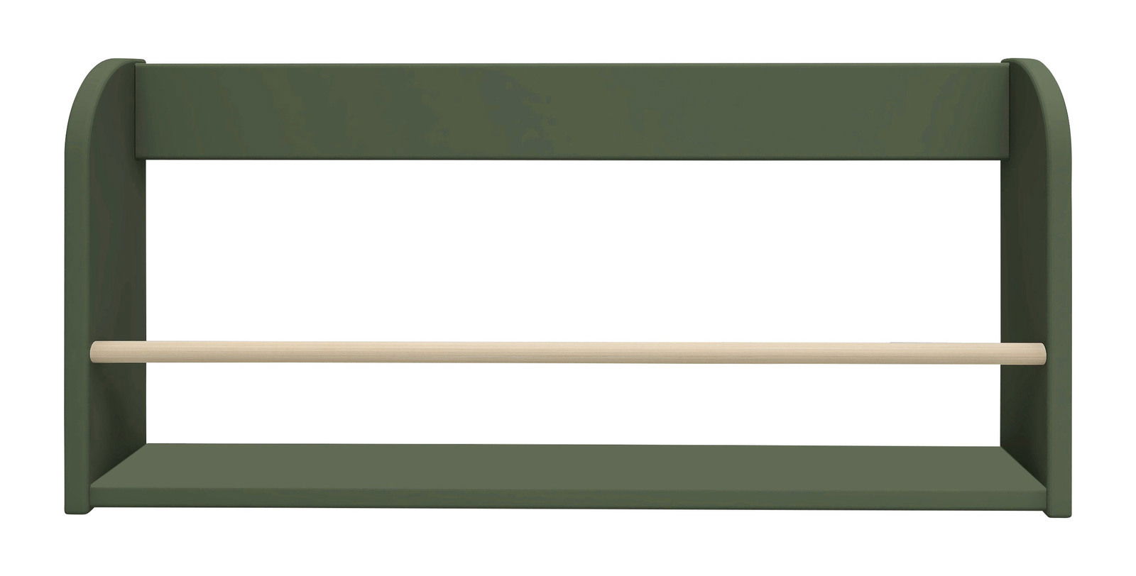 Grünes Buchregal mit einer Holzstange, frontale Ansicht