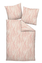 Bettwäsche-Set mit zwei Kissen und einer Decke in einem rosa-weißen, wellenförmigen Muster, von oben betrachtet.