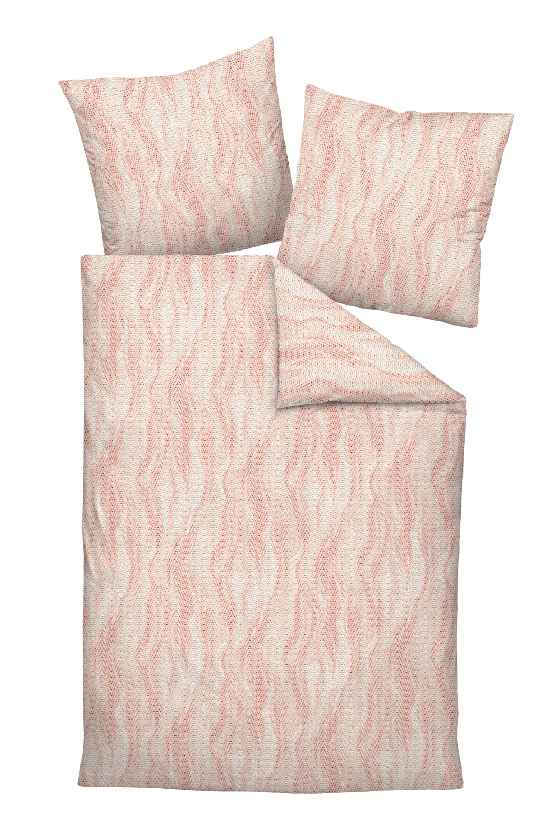 Bettwäsche-Set mit zwei Kissen und einer Decke in einem rosa-weißen, wellenförmigen Muster, von oben betrachtet.