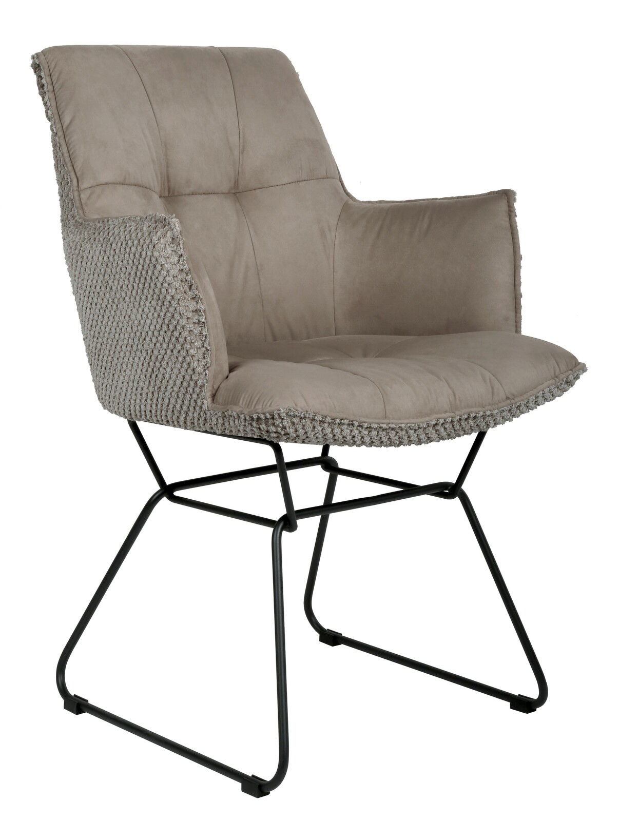 Grauer Armlehnstuhl mit gepolstertem Sitz und Rückenlehne, seitliche Perspektive