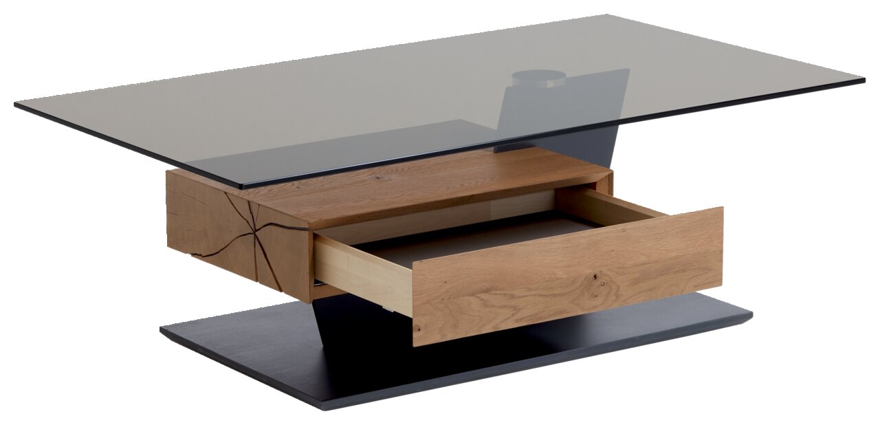 Moderner Couchtisch mit Glasplatte und Holzschublade, seitliche Perspektive