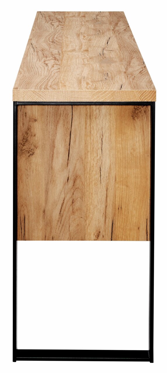 Zijaanzicht van een dressoir met houten oppervlak en zwart metalen frame.