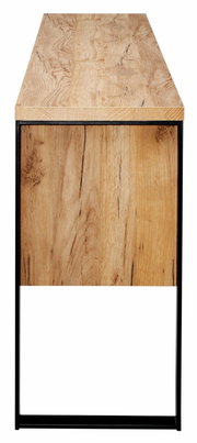 Zijaanzicht van een dressoir met houten oppervlak en zwart metalen frame.