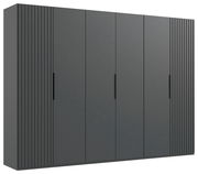 Sechstüriger Drehtürenschrank in dunklem Grau mit vertikalen Griffen und seitlichen Rillen, Frontalansicht.