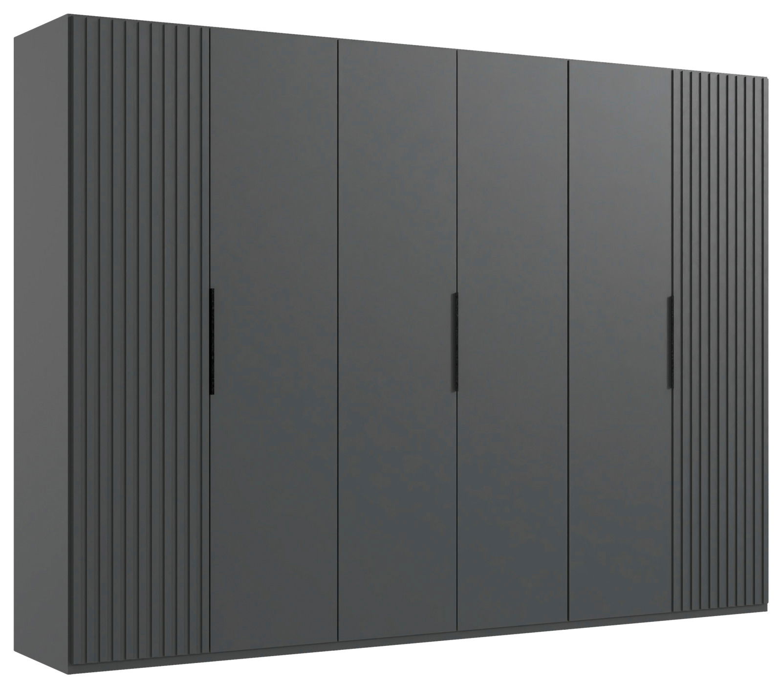 Sechstüriger Drehtürenschrank in dunklem Grau mit vertikalen Griffen und seitlichen Rillen, Frontalansicht.