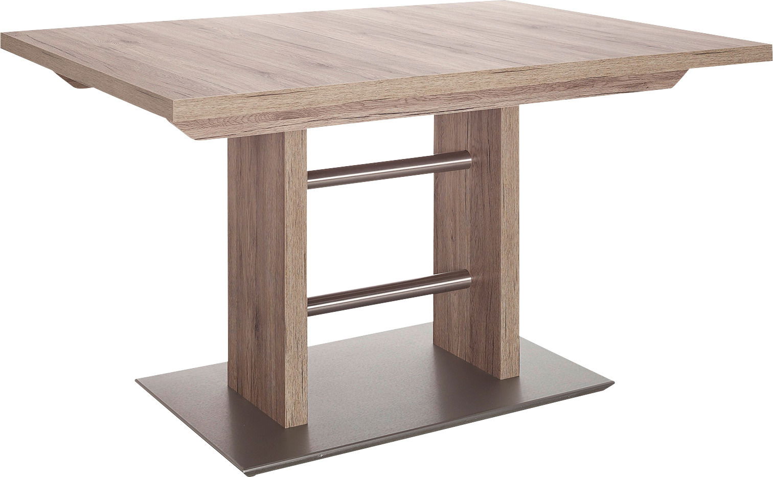 Moderner Esstisch aus Holz mit rechteckiger Tischplatte und stabiler Mittelsäule, seitliche Perspektive.