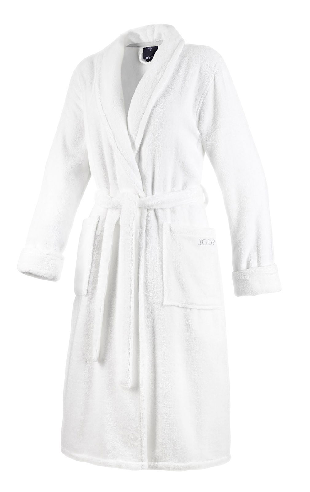 JOOP! Damen Schalkragen Gr. 38 Weißer Bademantel mit Schalkragen, Gürtel und aufgesetzten Taschen, Vorderansicht