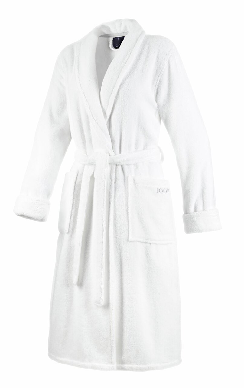 Weißer Bademantel mit Schalkragen, Gürtel und aufgesetzten Taschen, Vorderansicht