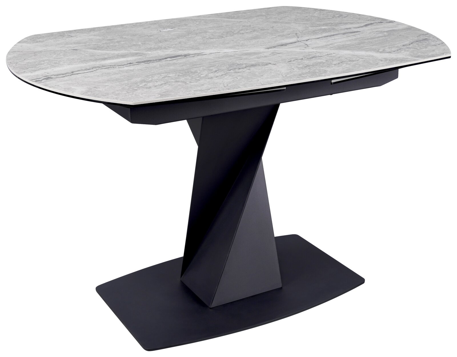 Moderner Esstisch mit grauer Marmoroptik-Tischplatte und schwarzem, geometrischem Sockel, seitliche Perspektive