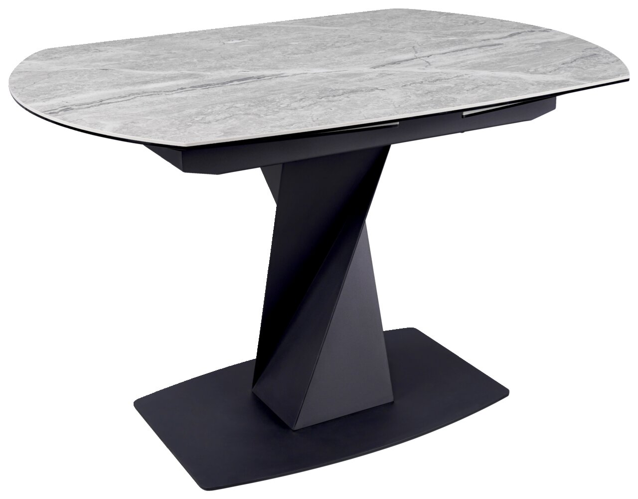 Novel Esstisch DALLAS Moderner Esstisch mit grauer Marmoroptik-Tischplatte und schwarzem, geometrischem Sockel, seitliche Perspektive