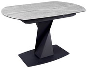 Moderner Esstisch mit grauer Marmoroptik-Tischplatte und schwarzem, geometrischem Sockel, seitliche Perspektive