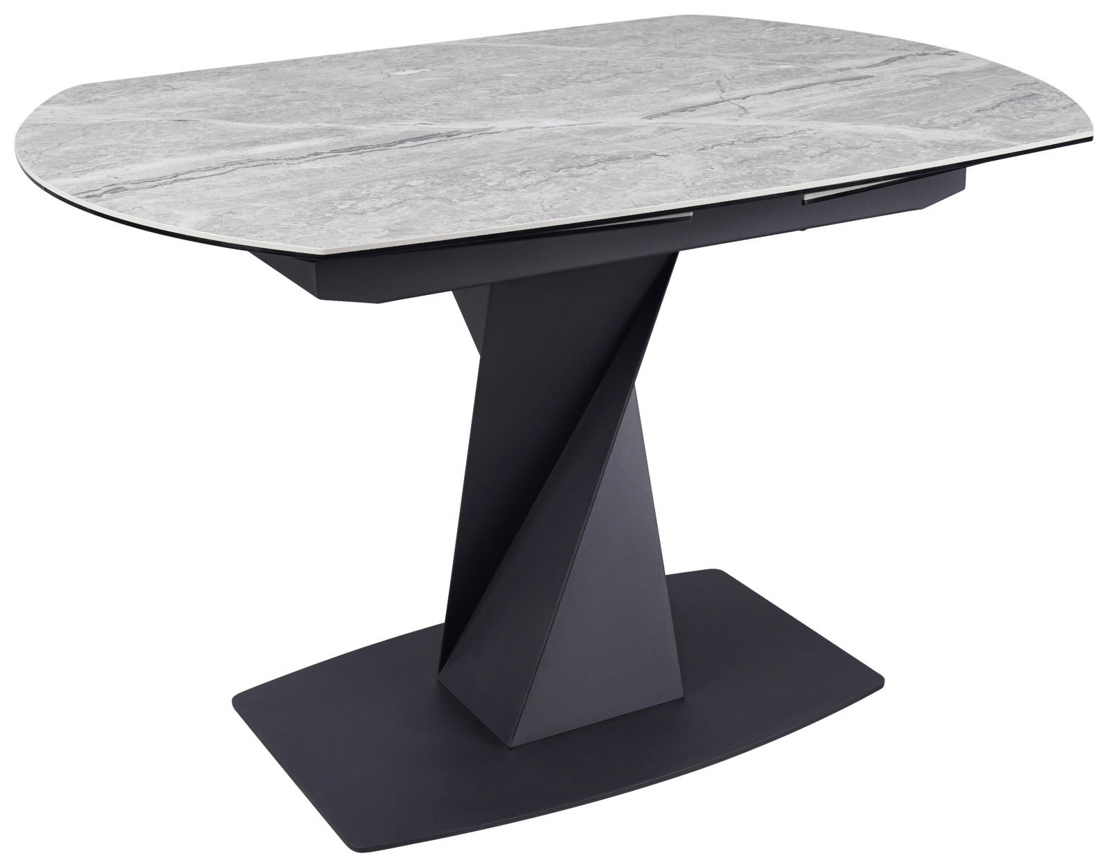 Moderner Esstisch mit grauer Marmoroptik-Tischplatte und schwarzem, geometrischem Sockel, seitliche Perspektive